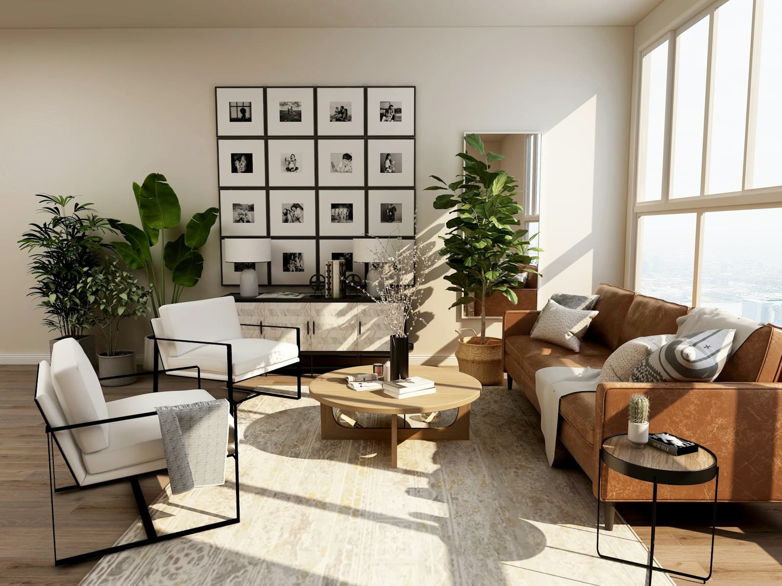 A bright, freshly cared-for living room with natural light and green plants
